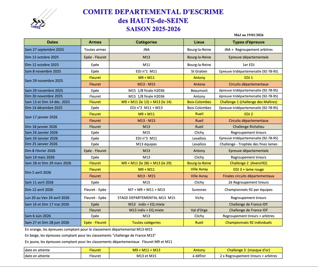 Calendrier des compétitions d’escrime du comité départemental des Hauts-de-Seine (saison 2025-2026) avec dates, catégories, armes et lieux.