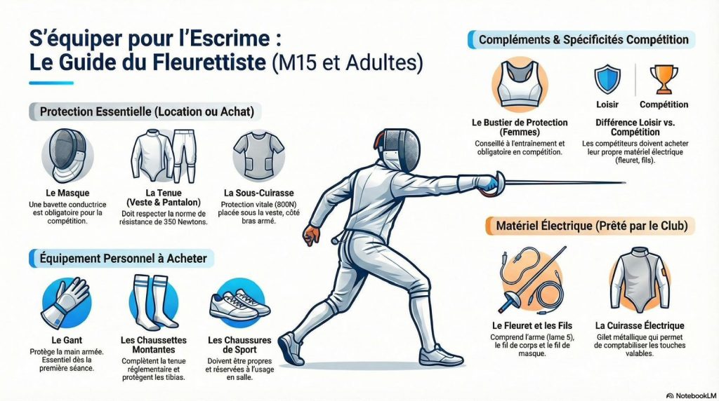 Illustration d’un escrimeur au fleuret avec liste des équipements nécessaires : masque, veste, pantalon, sous-cuirasse, gant, chaussettes, chaussures, fleuret et matériel électrique.