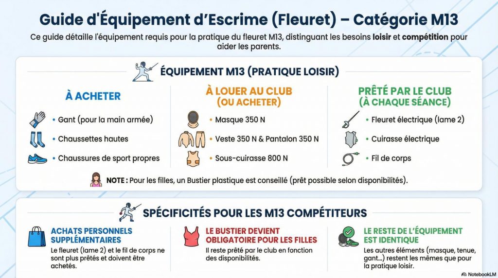 Infographie comparant l’équipement d’escrime au fleuret pour la catégorie M11 en loisir et en compétition, avec liste des éléments à acheter, louer ou emprunter.