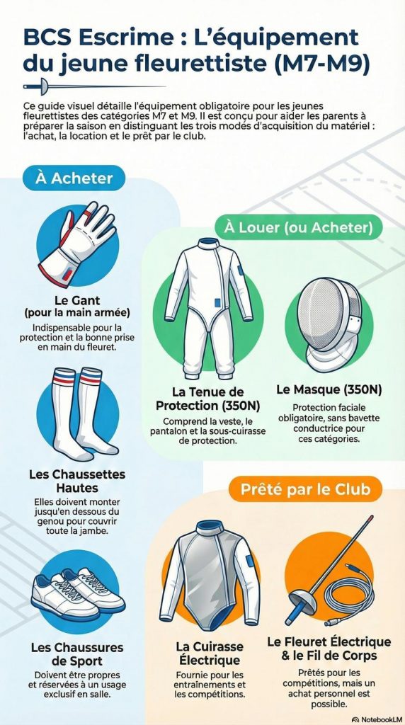 Guide visuel de l’équipement d’escrime au fleuret pour les catégories M7 et M9, indiquant ce qu’il faut acheter, louer ou se faire prêter.